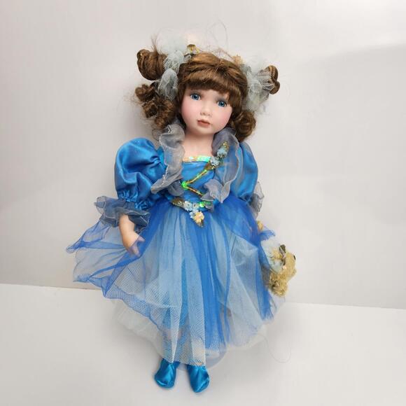 Sweet Ballerina with Teddy Bear 18" Dressed in Blue Satin & Tulle Porcelain Doll - Picture 3 of 14